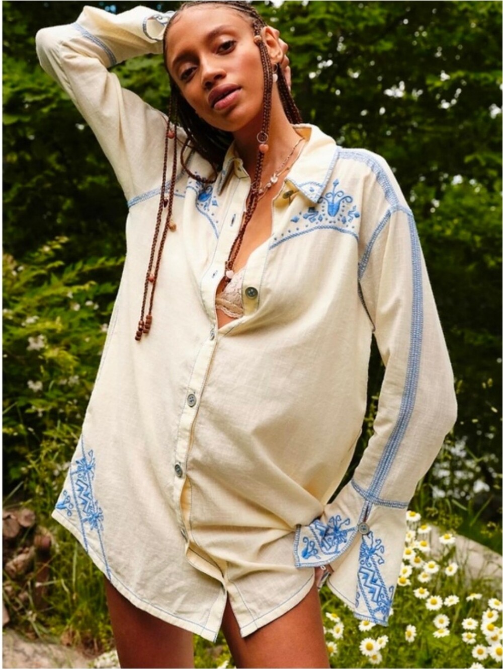 Free People Baby Blues Western Embroidered Shirtdress Creme Nwt